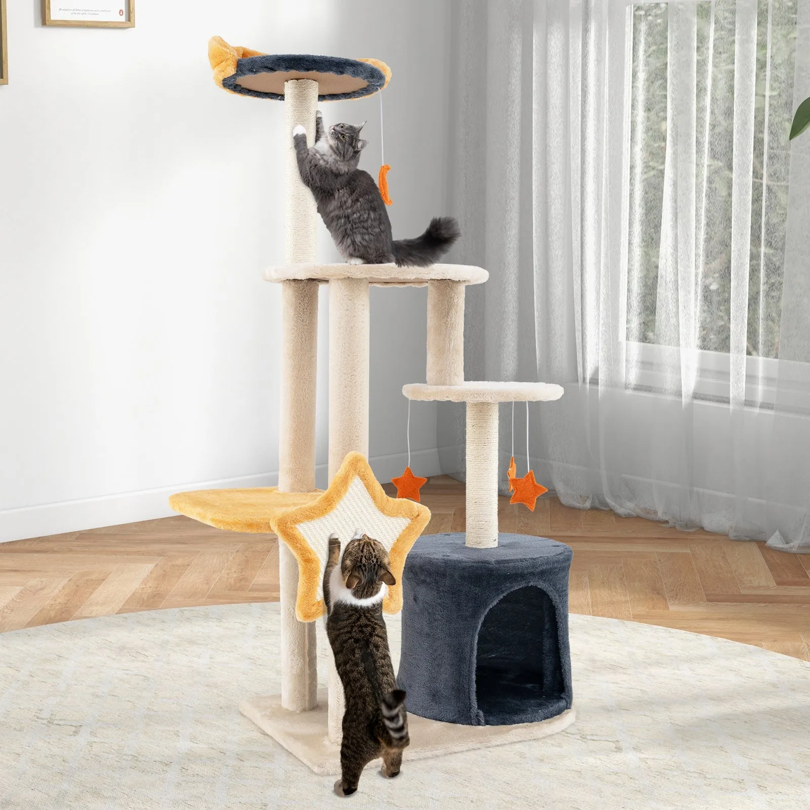 128 cm Tall Cat Tree with Sisl Scratching Posts and Dangling Toys