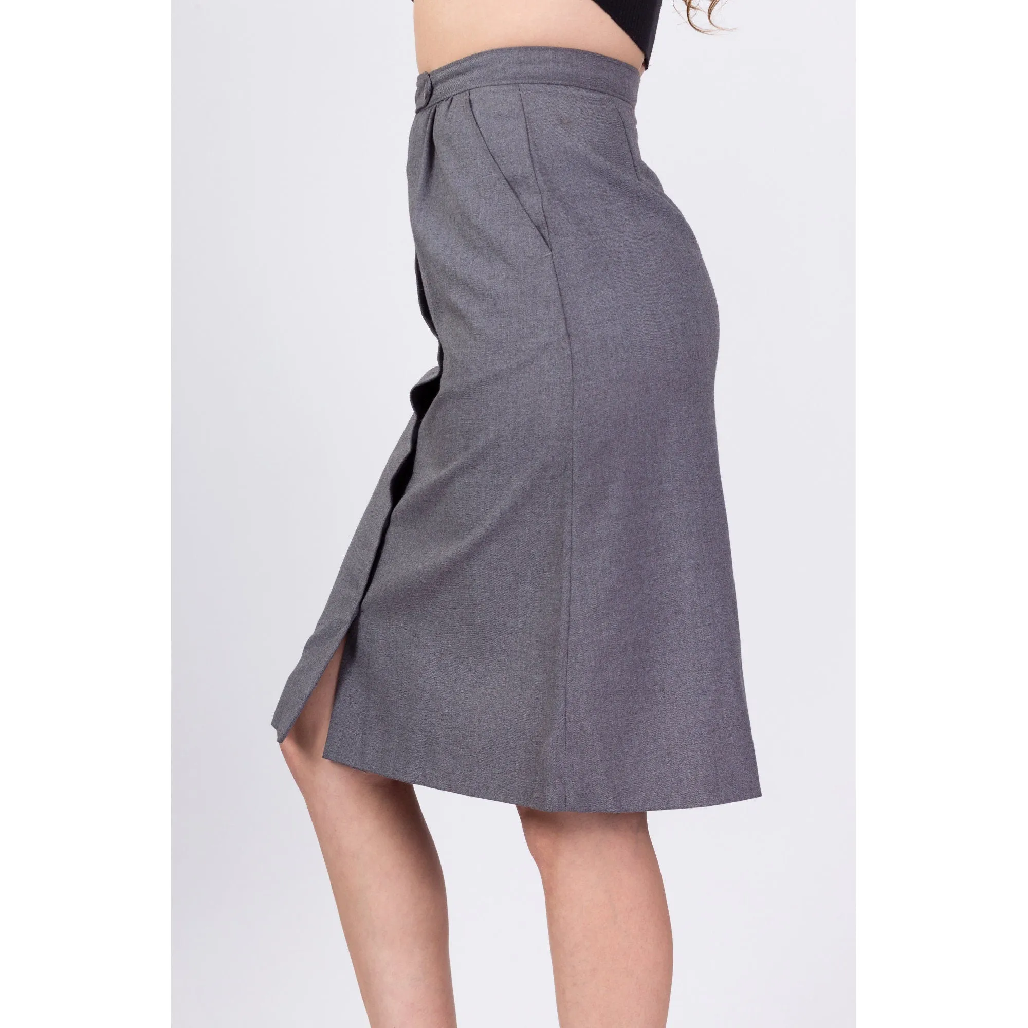 80s Grey Button Up Midi Skirt - XS to Small, 25"