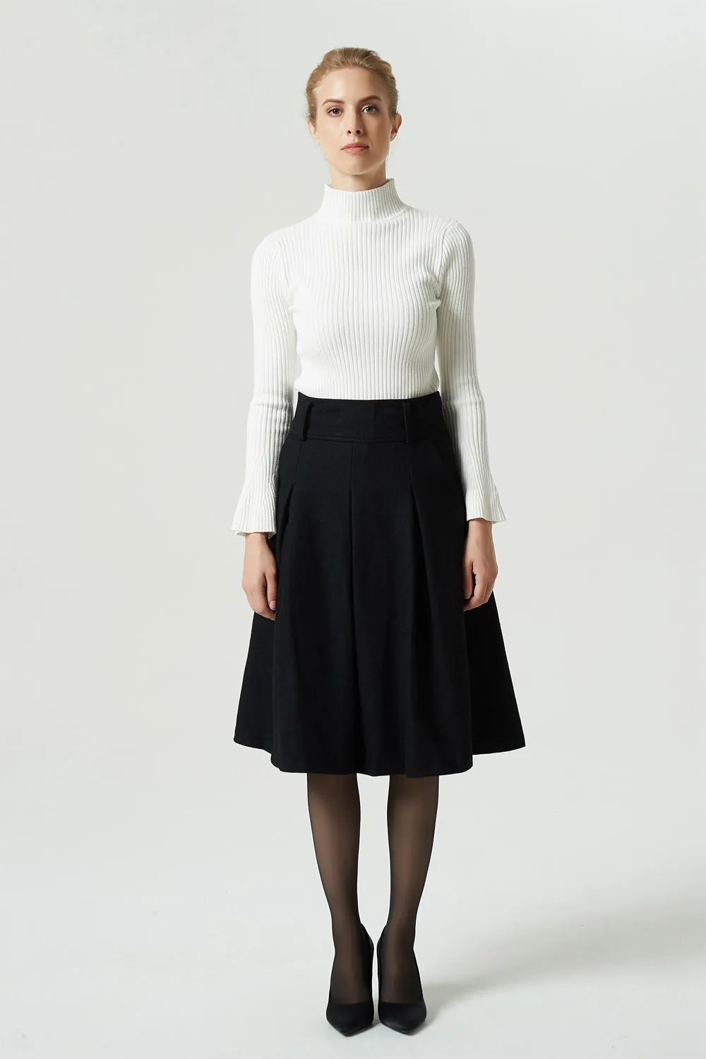 a line black wool skirt, womens winter skirt 1991#