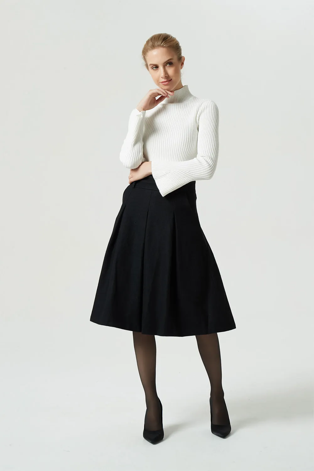 a line black wool skirt, womens winter skirt 1991#