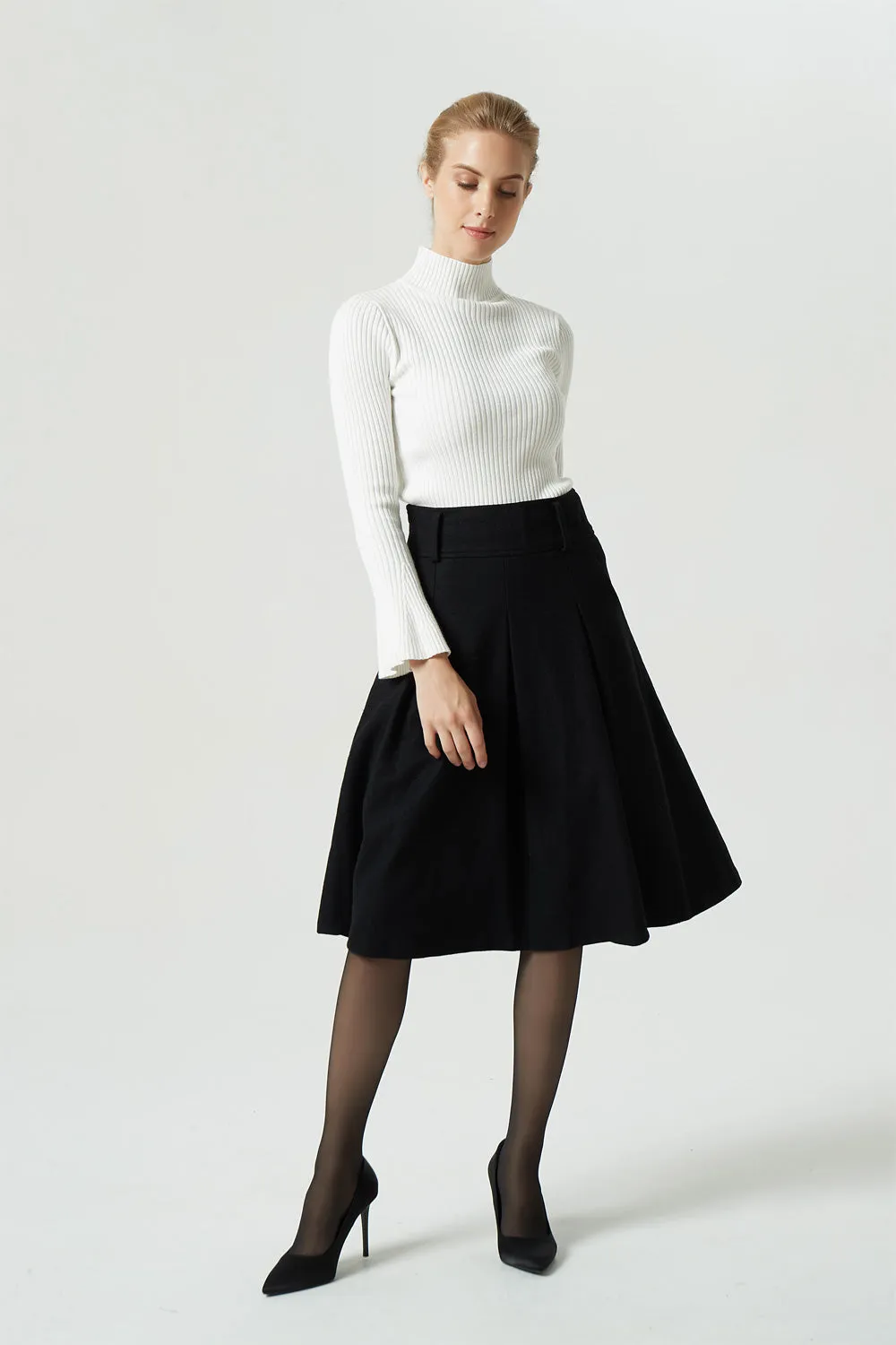 a line black wool skirt, womens winter skirt 1991#