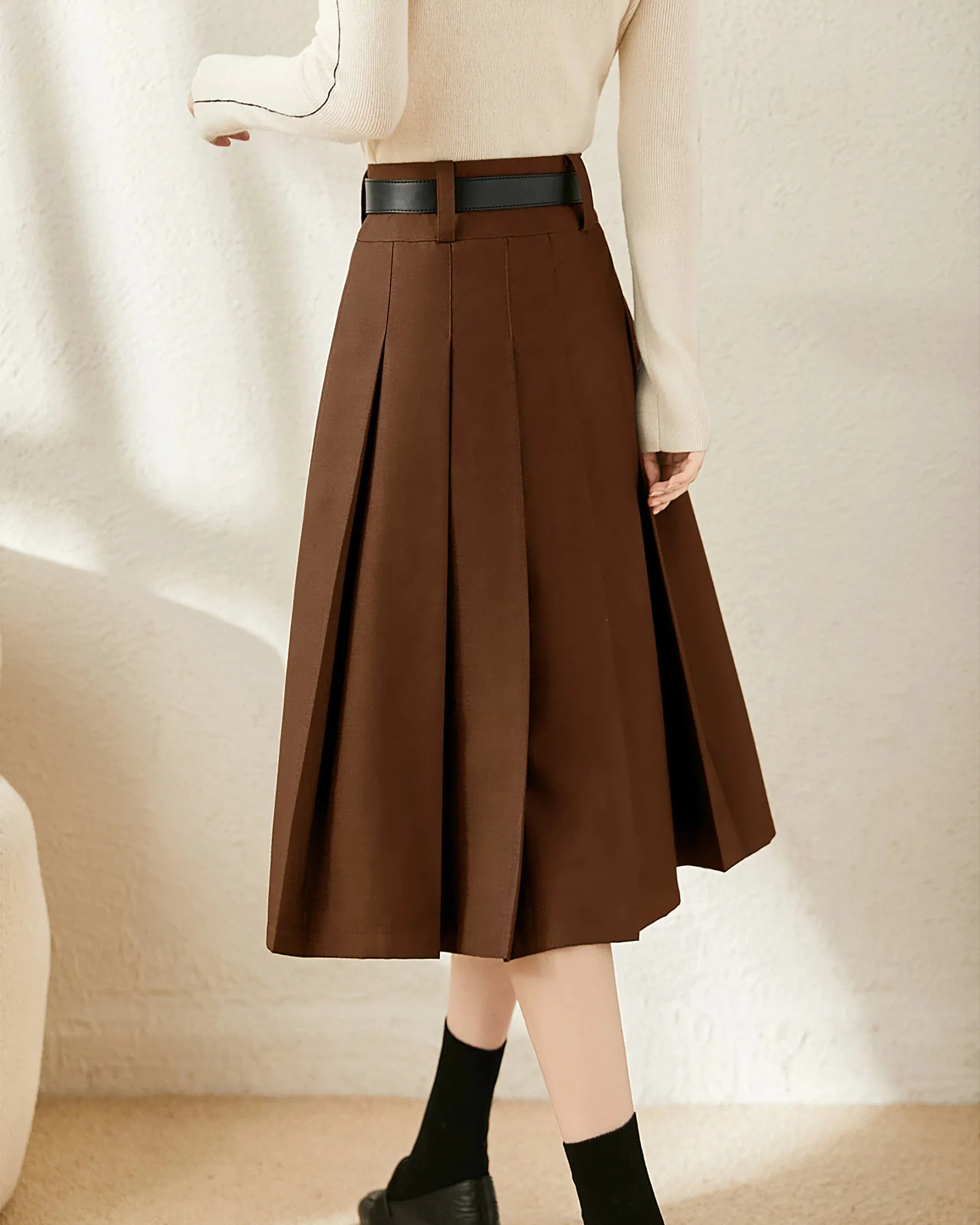 A Line Pleated Wool Midi Skirt