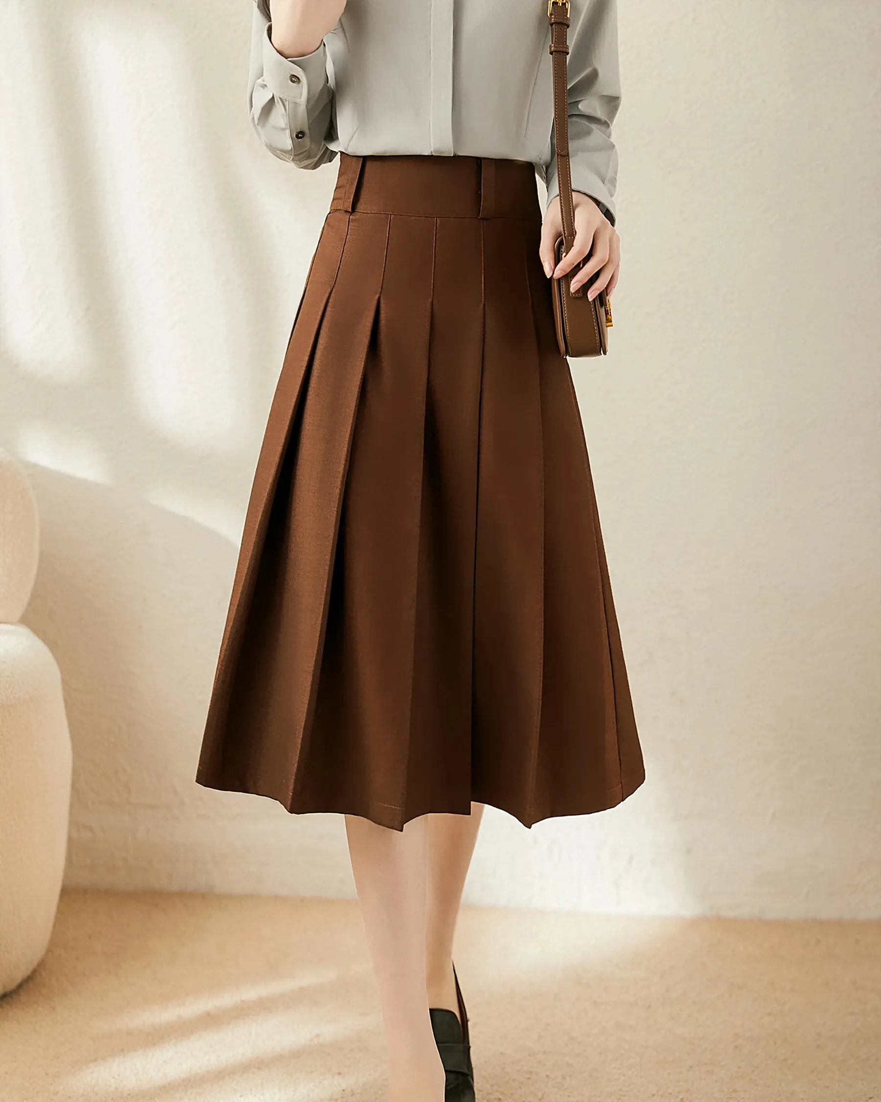 A Line Pleated Wool Midi Skirt