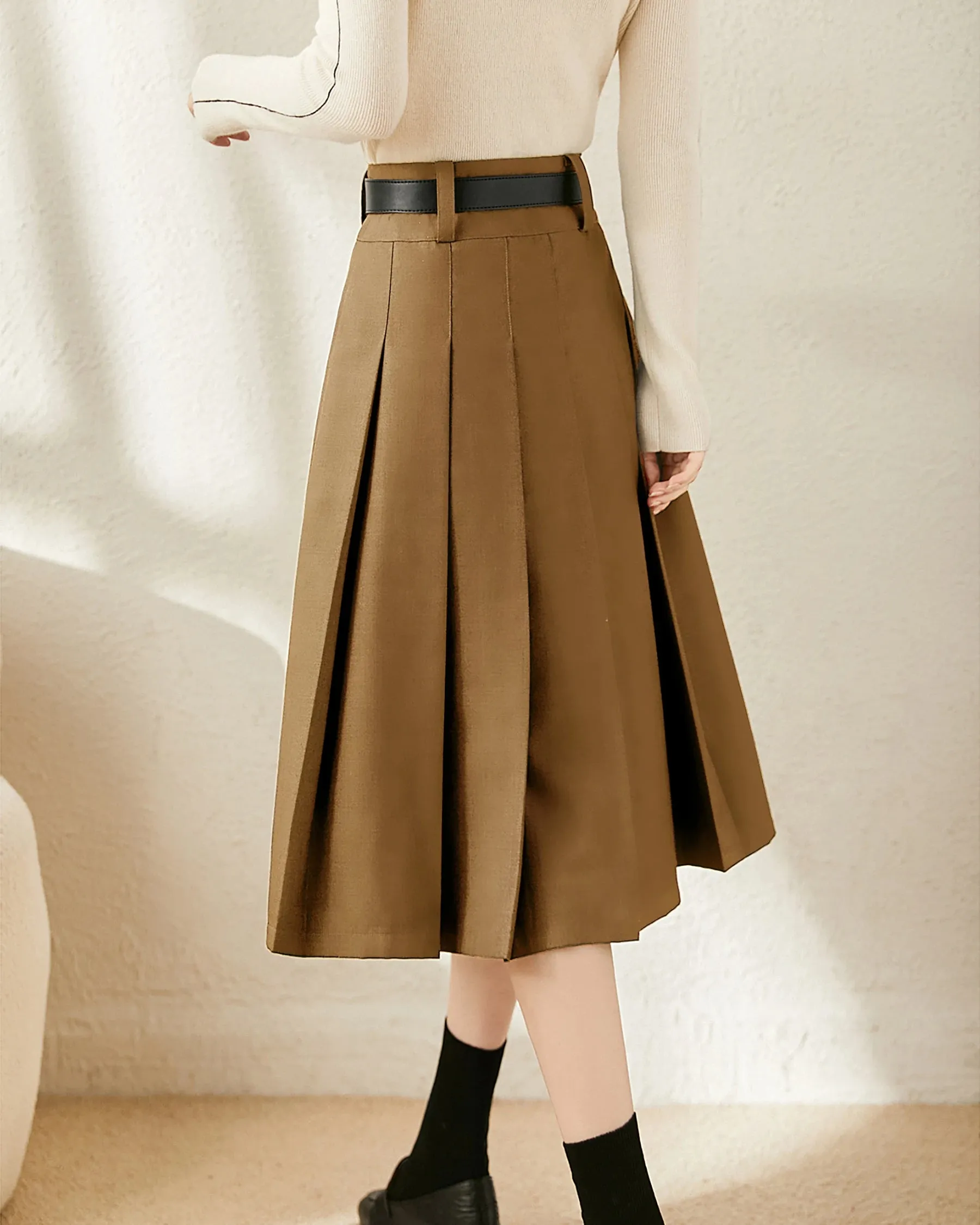 A Line Pleated Wool Midi Skirt