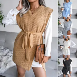 Autumn Dress Women Sleeveless Knitted Sweater Dresses