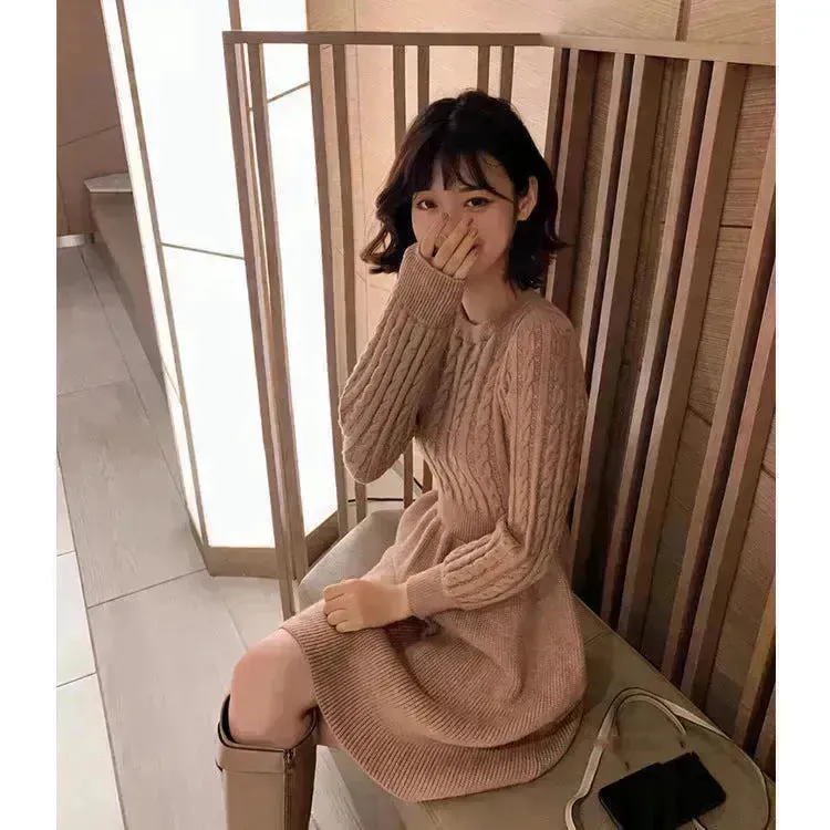 Autumn Winter Knitted Slim Fit Round neck Mini Flared Sweater dress