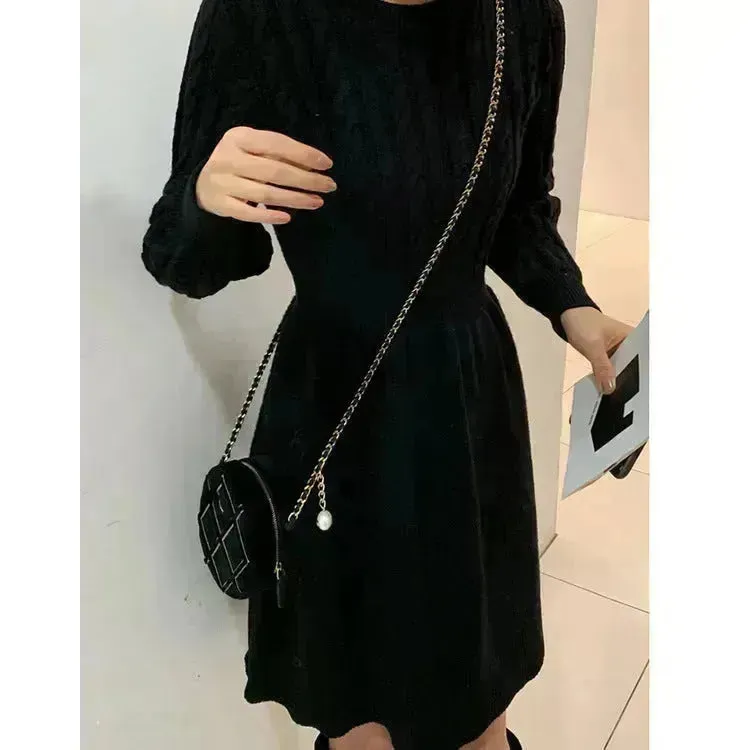 Autumn Winter Knitted Slim Fit Round neck Mini Flared Sweater dress