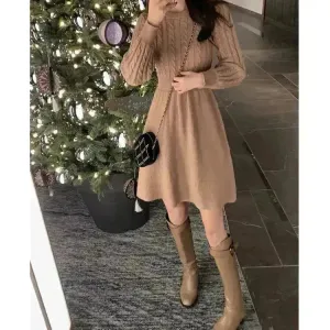 Autumn Winter Knitted Slim Fit Round neck Mini Flared Sweater dress