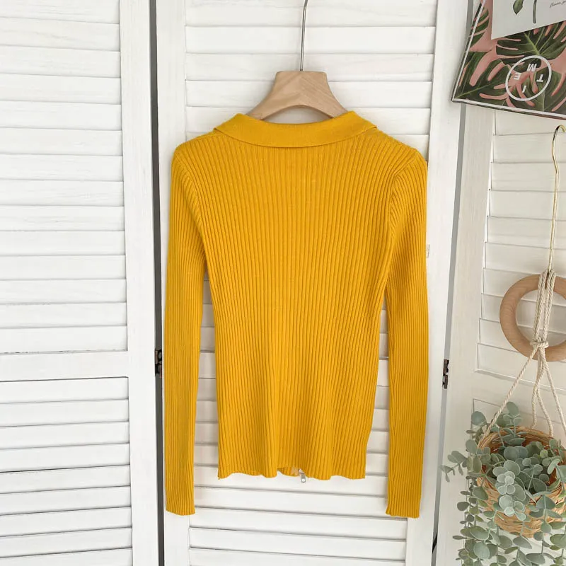 Autumn Zipper Knitted Sweater Women Turndown-Collar Long Sleeve Elastic Tops