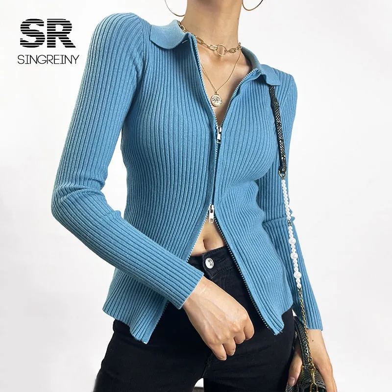 Autumn Zipper Knitted Sweater Women Turndown-Collar Long Sleeve Elastic Tops