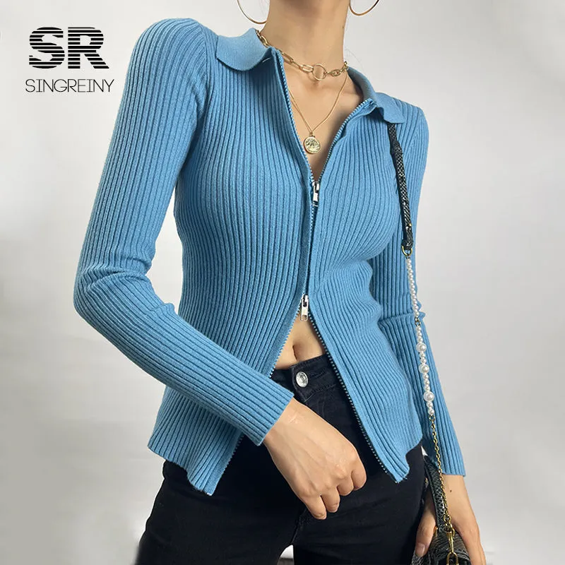 Autumn Zipper Knitted Sweater Women Turndown-Collar Long Sleeve Elastic Tops