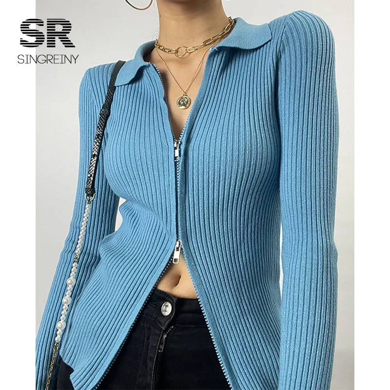 Autumn Zipper Knitted Sweater Women Turndown-Collar Long Sleeve Elastic Tops