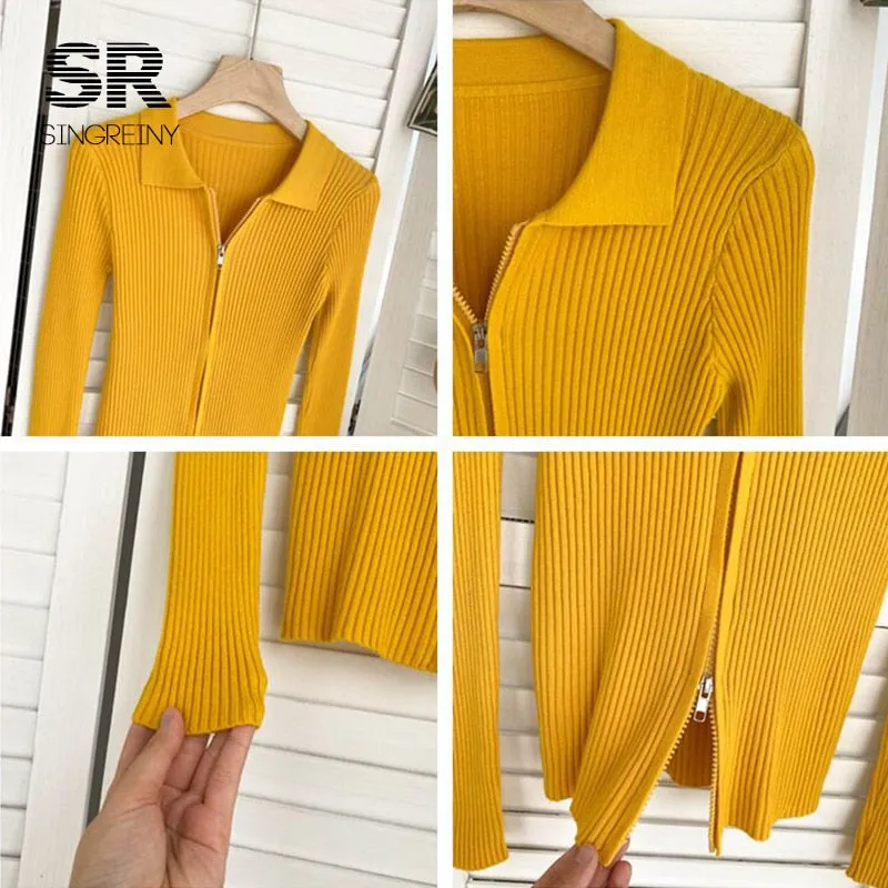 Autumn Zipper Knitted Sweater Women Turndown-Collar Long Sleeve Elastic Tops