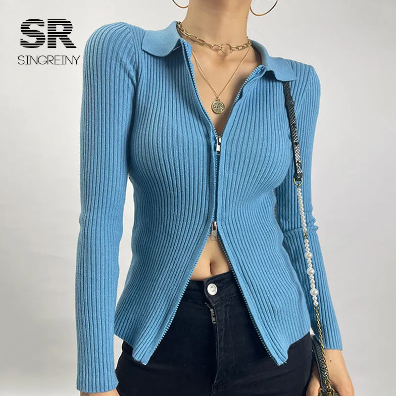 Autumn Zipper Knitted Sweater Women Turndown-Collar Long Sleeve Elastic Tops