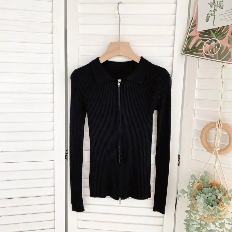 Autumn Zipper Knitted Sweater Women Turndown-Collar Long Sleeve Elastic Tops