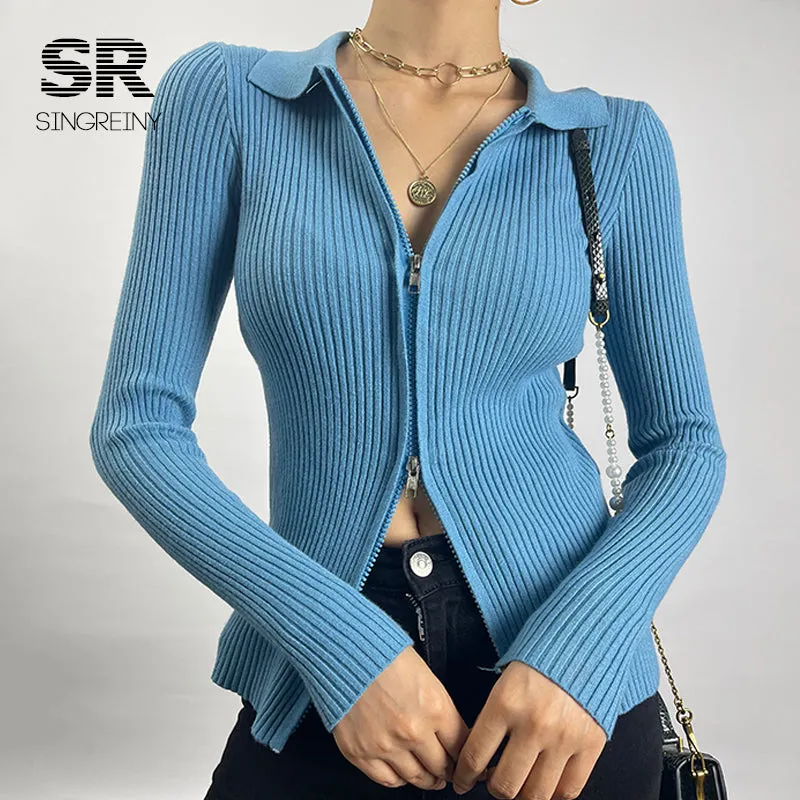 Autumn Zipper Knitted Sweater Women Turndown-Collar Long Sleeve Elastic Tops