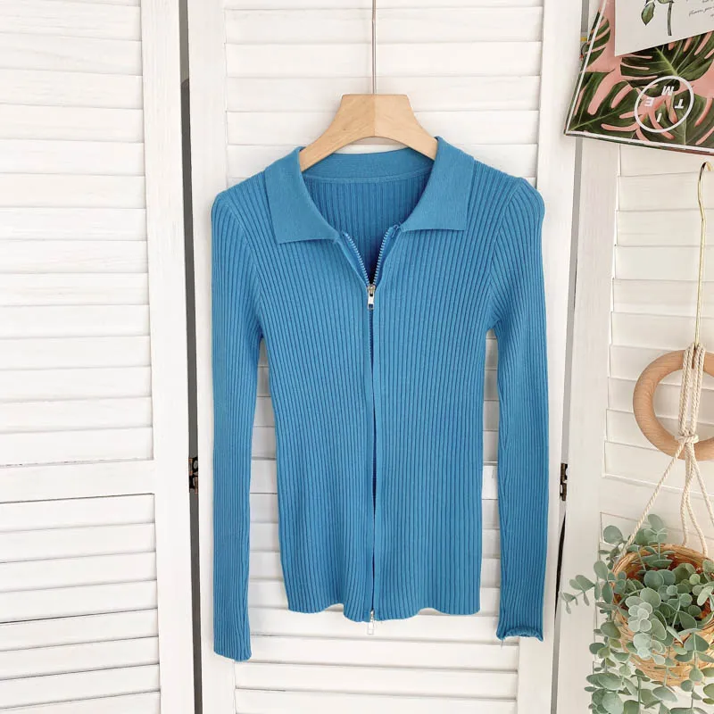 Autumn Zipper Knitted Sweater Women Turndown-Collar Long Sleeve Elastic Tops