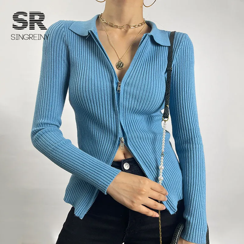 Autumn Zipper Knitted Sweater Women Turndown-Collar Long Sleeve Elastic Tops