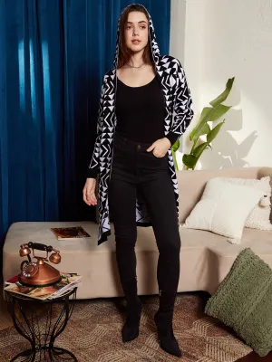 Berrylush Women Black & White Geometric Printed Hood Neck Drop-Shoulder Sleeves Open-Front Ribbed Hem Longline Cardigan