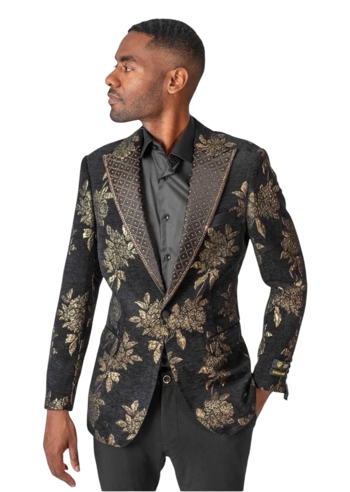 Black and Gold Men's Luxury Floral Print Prom Tuxedo Jacket Slim-Fit Style-FB712