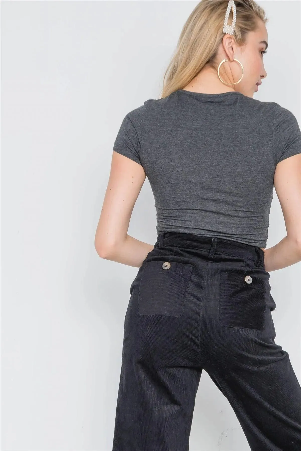 Black Corduroy Wide Leg Cropped Pants /2-2