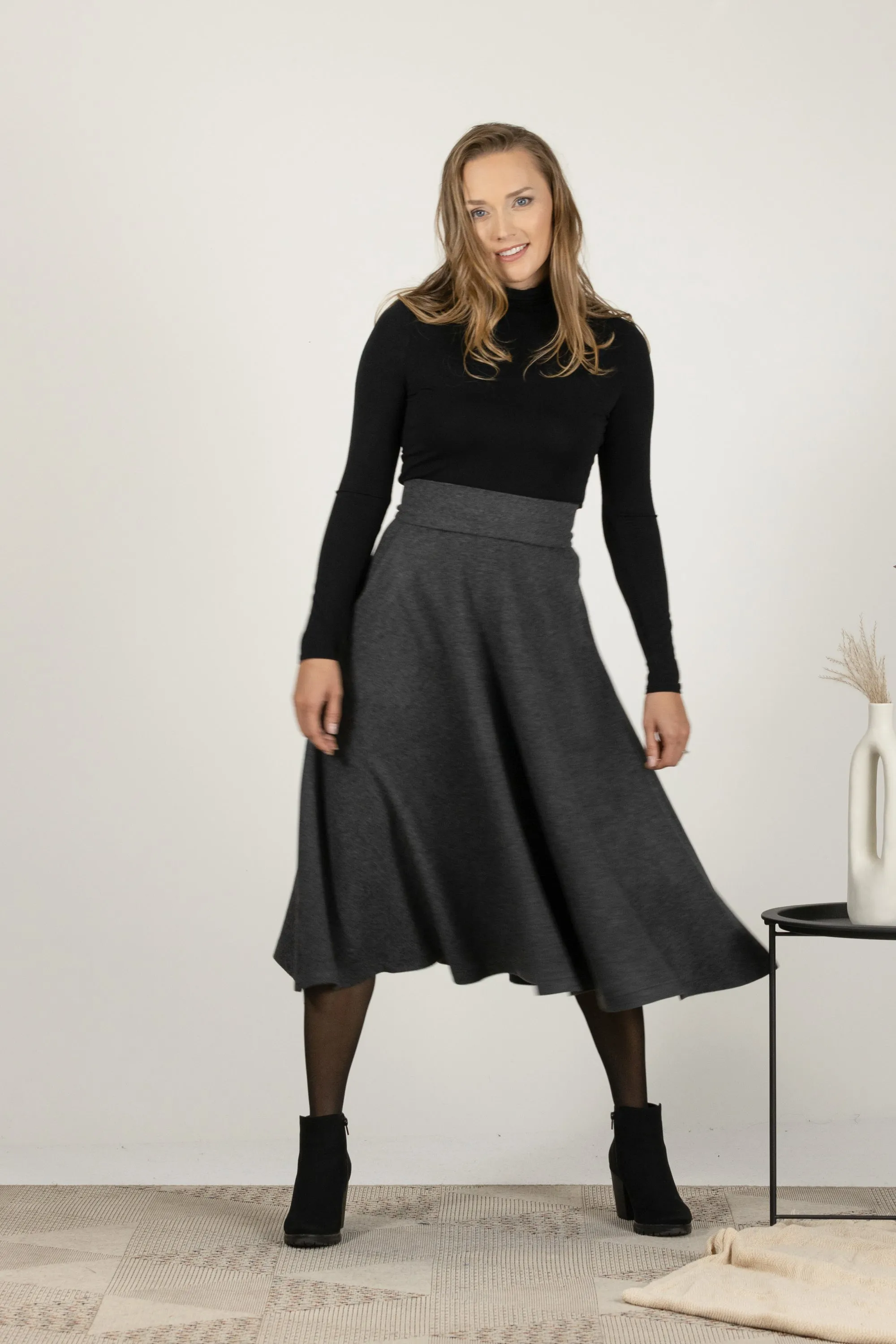 Black High Waist Wool Midi Skirt