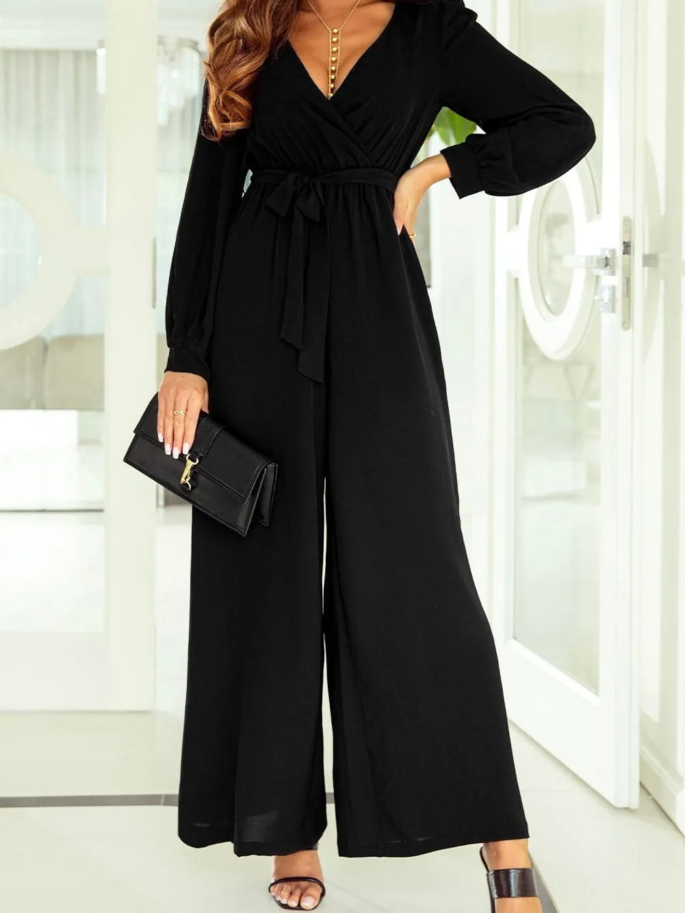 Black Jumpsuit with Wrap V-Neck Detail