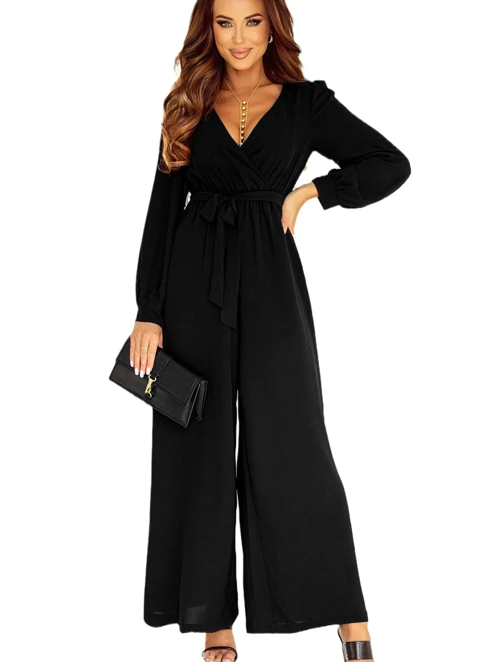 Black Jumpsuit with Wrap V-Neck Detail