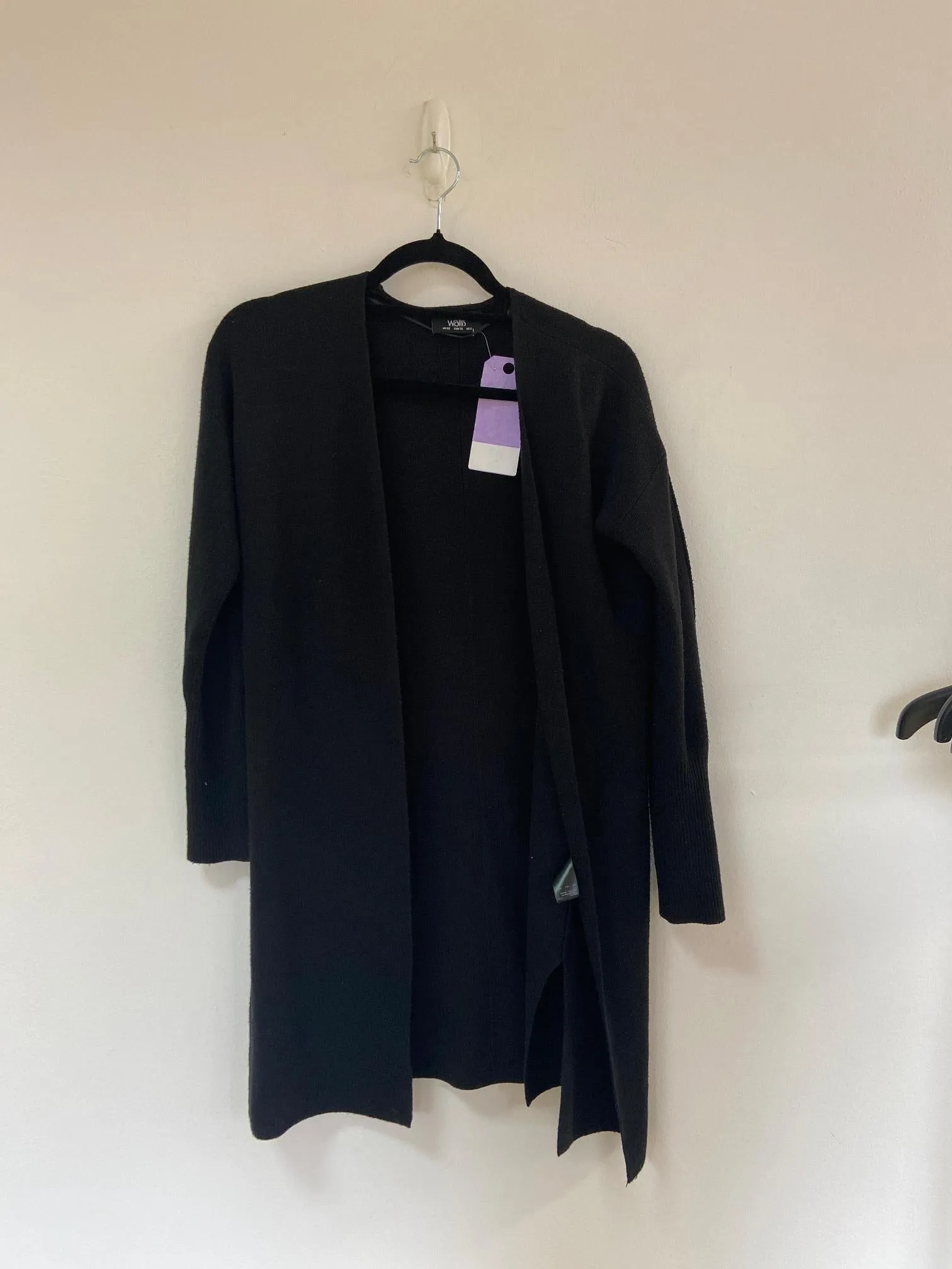 Black longline open knit cardigan, Wallis, Size 6 (Acrylic)