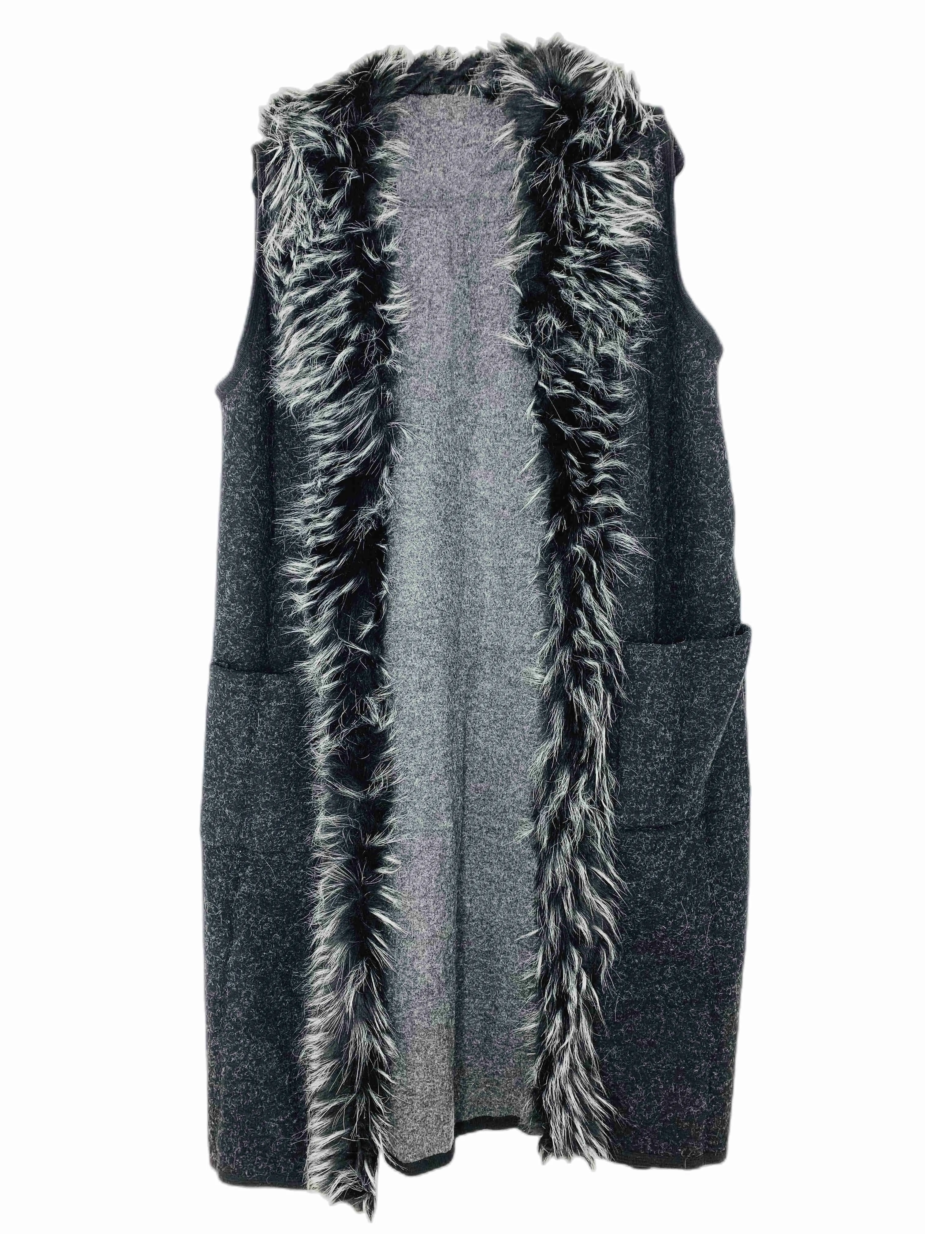 Black Marled Faux Fur-Front Side-Pocket Vest