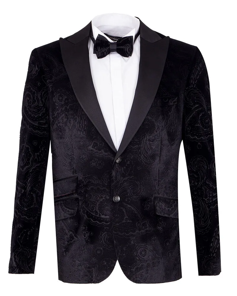 Black Velvet Paisley Feel Plain Blazer & Matching Bow Tie