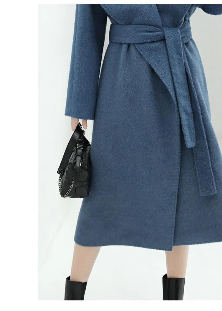 Blue Belted Wool Blend Long Wrap Coat