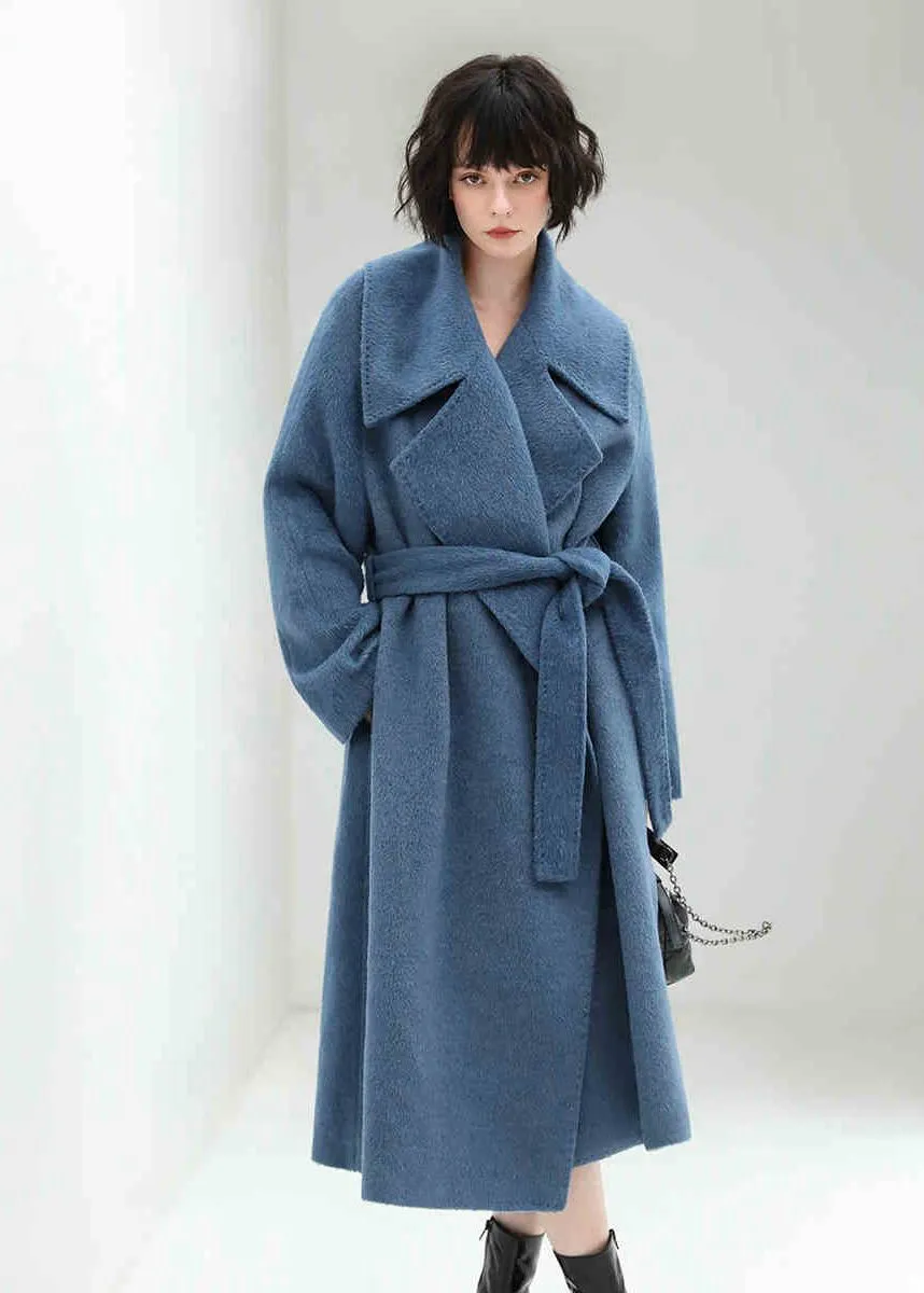 Blue Belted Wool Blend Long Wrap Coat