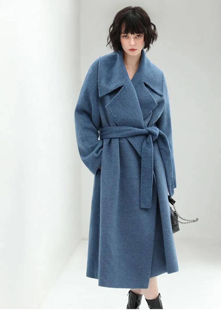 Blue Belted Wool Blend Long Wrap Coat