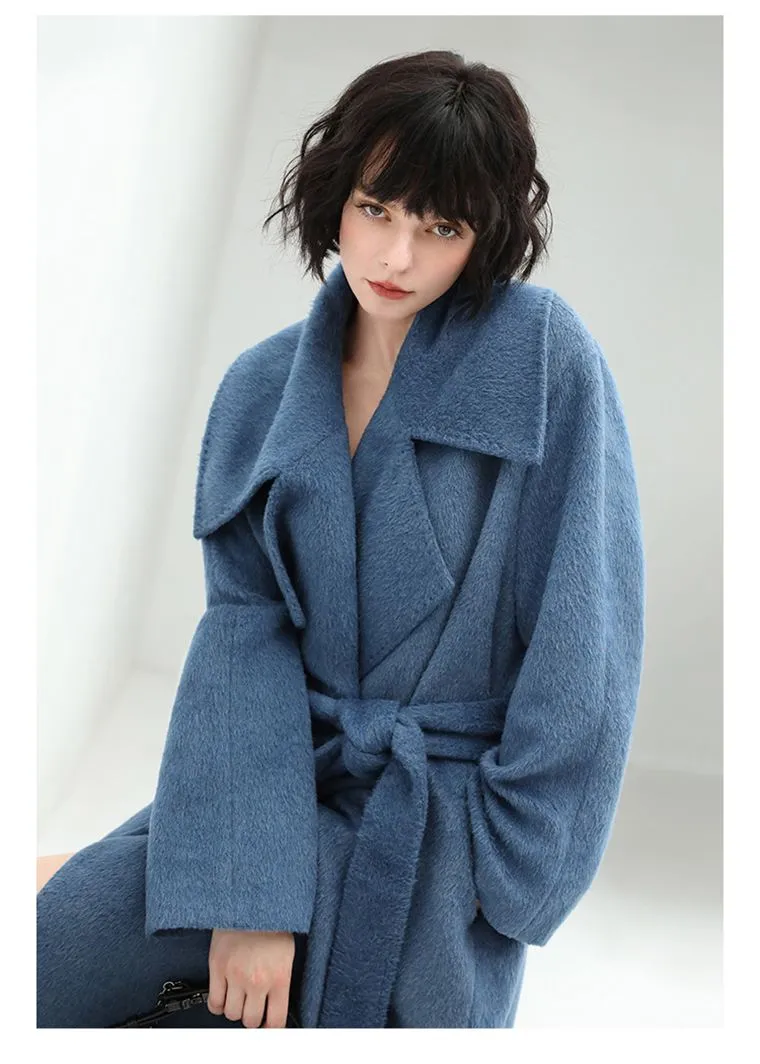 Blue Belted Wool Blend Long Wrap Coat