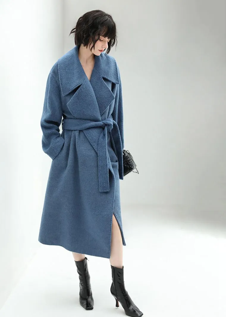 Blue Belted Wool Blend Long Wrap Coat