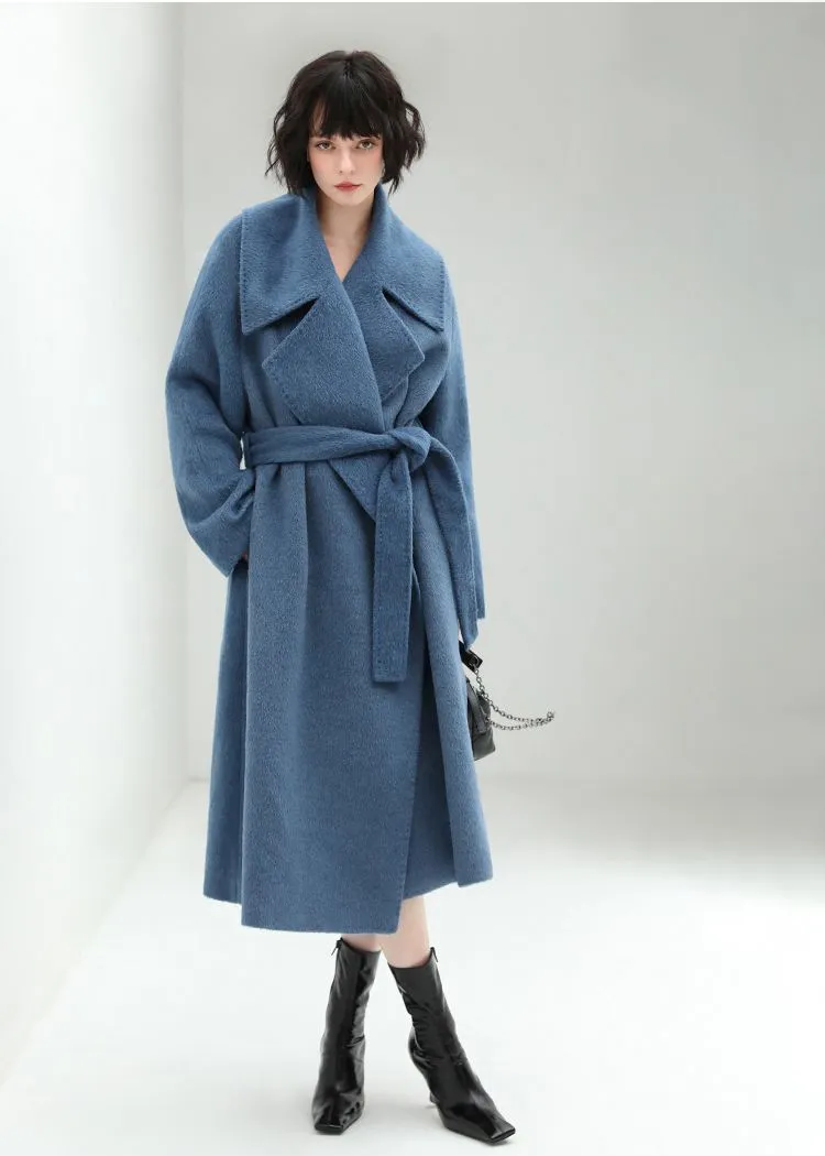 Blue Belted Wool Blend Long Wrap Coat