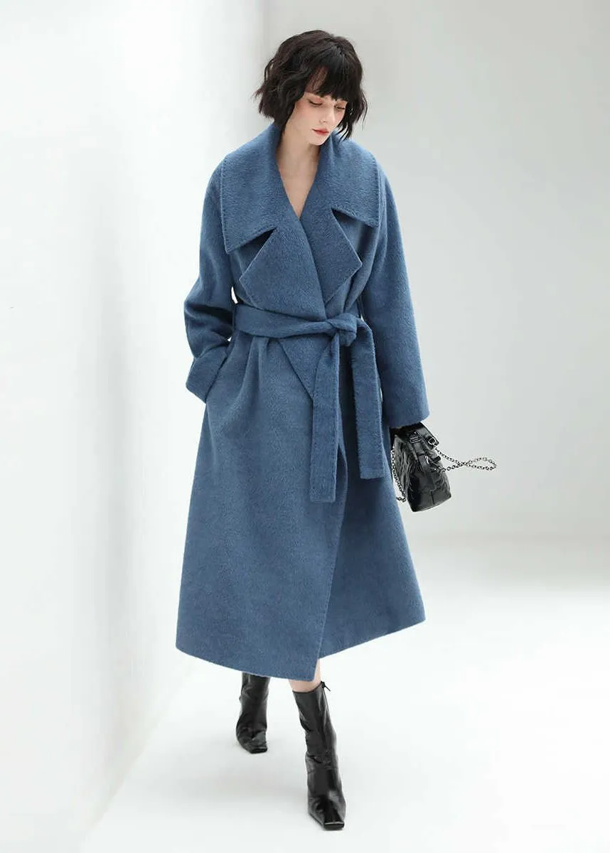 Blue Belted Wool Blend Long Wrap Coat