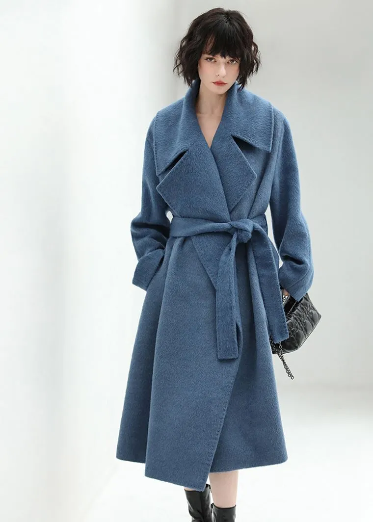 Blue Belted Wool Blend Long Wrap Coat