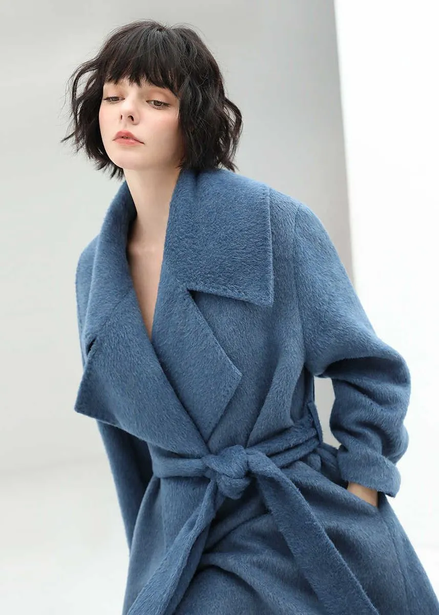 Blue Belted Wool Blend Long Wrap Coat