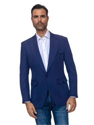 Blue Single Breast Men's Blazer Jackets Peak Lapel Patch Pockets MZS-563