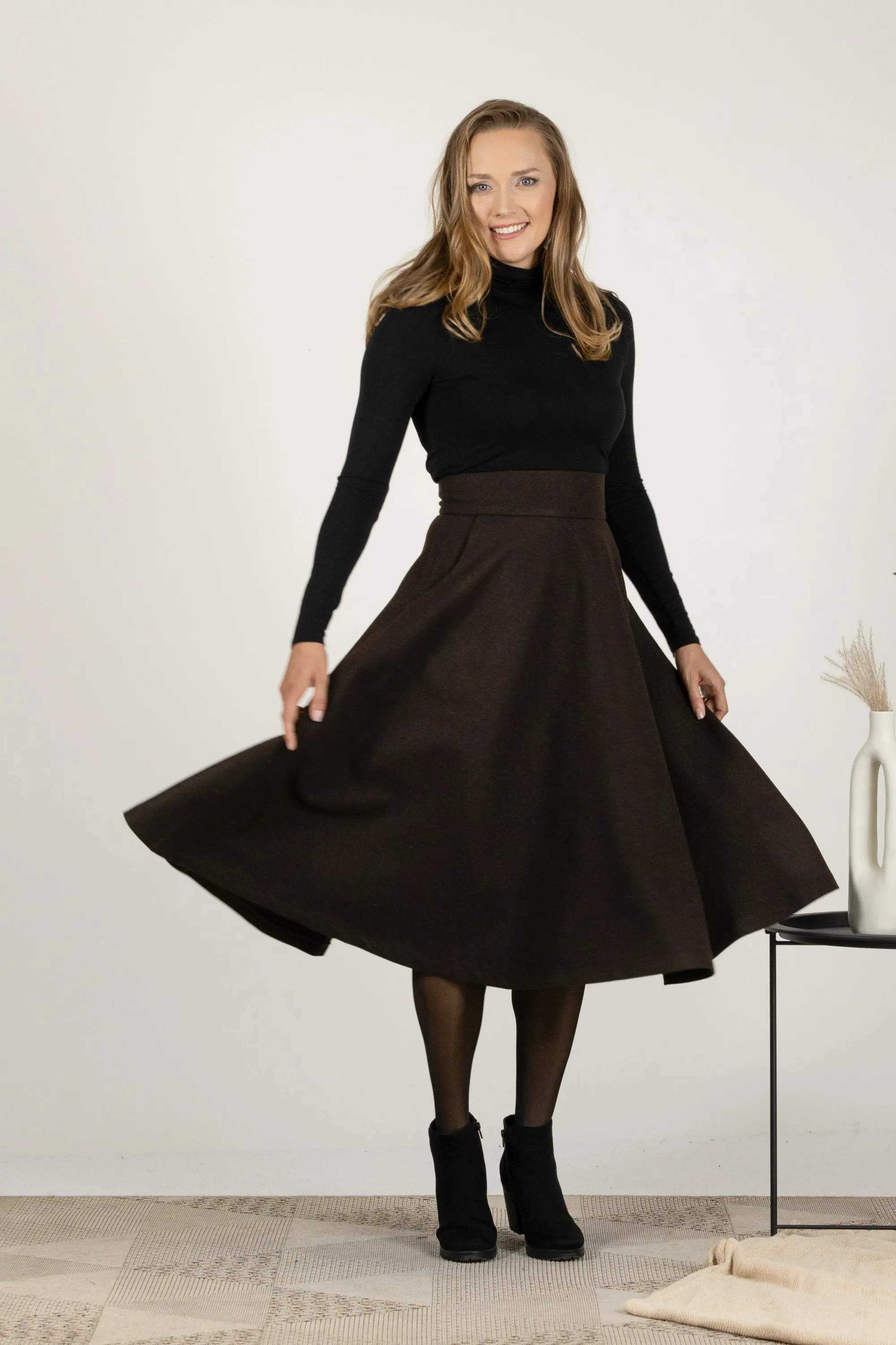 Brown Plaid High Waist Wool Midi Skirt