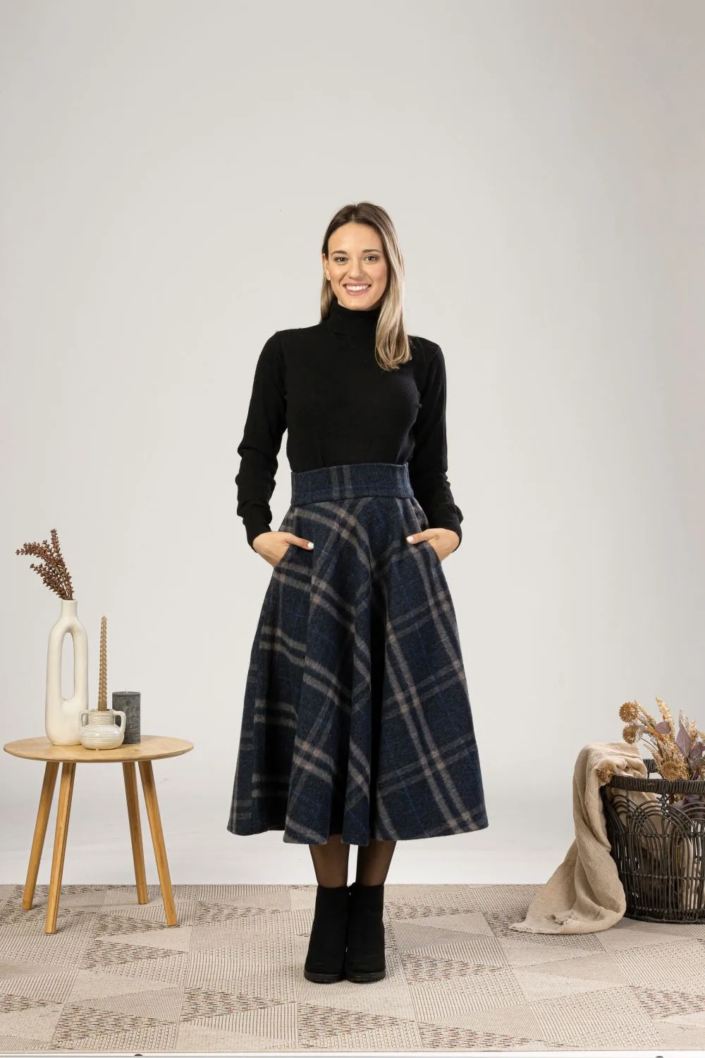 Brown Plaid High Waist Wool Midi Skirt