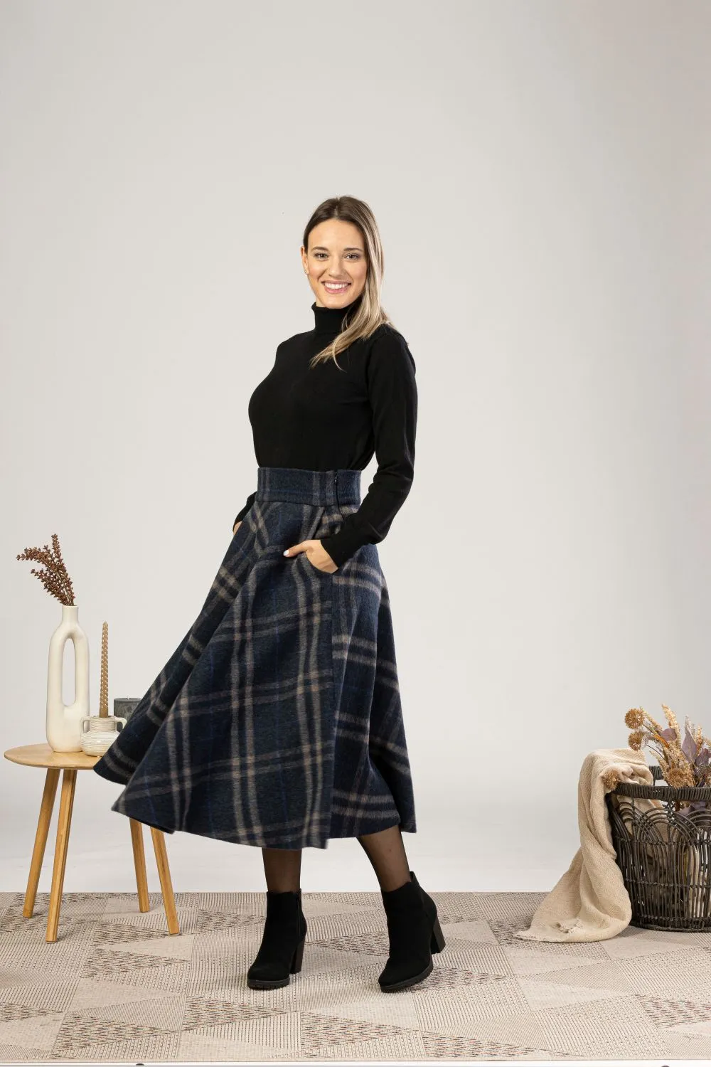 Brown Plaid High Waist Wool Midi Skirt