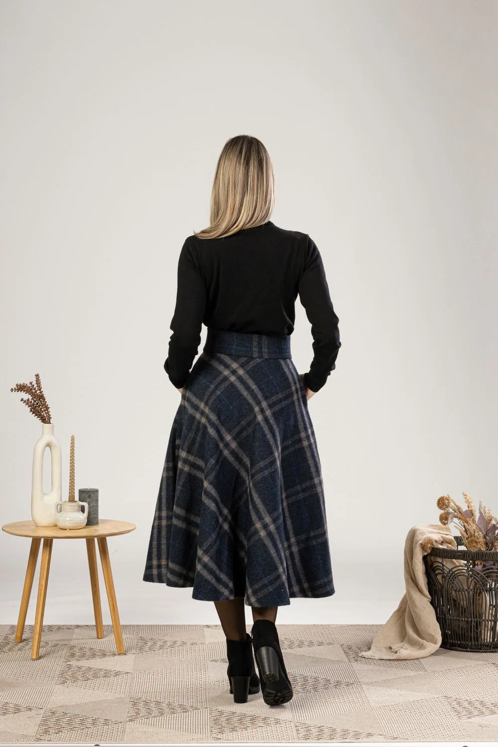 Brown Plaid High Waist Wool Midi Skirt