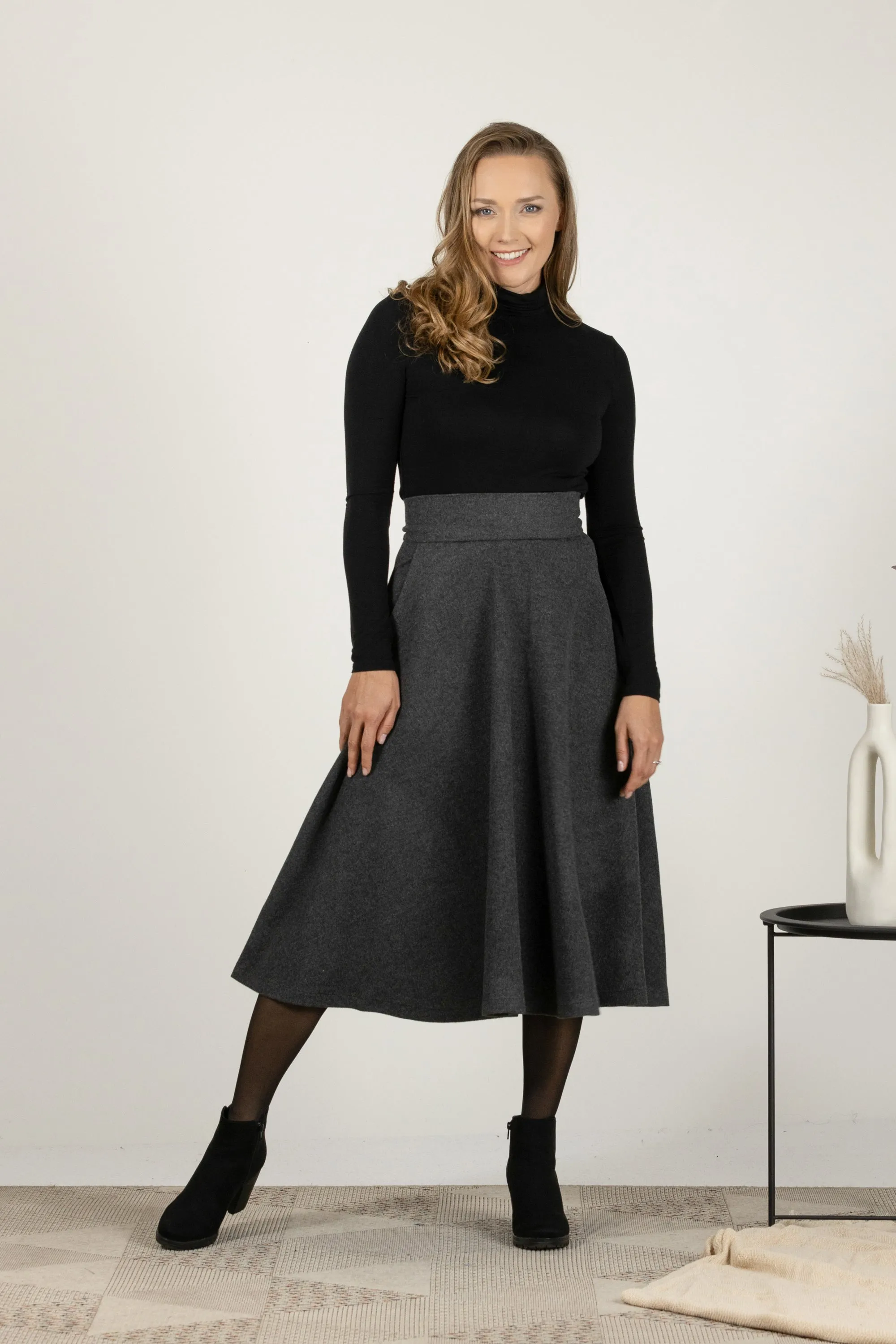 Brown Plaid High Waist Wool Midi Skirt