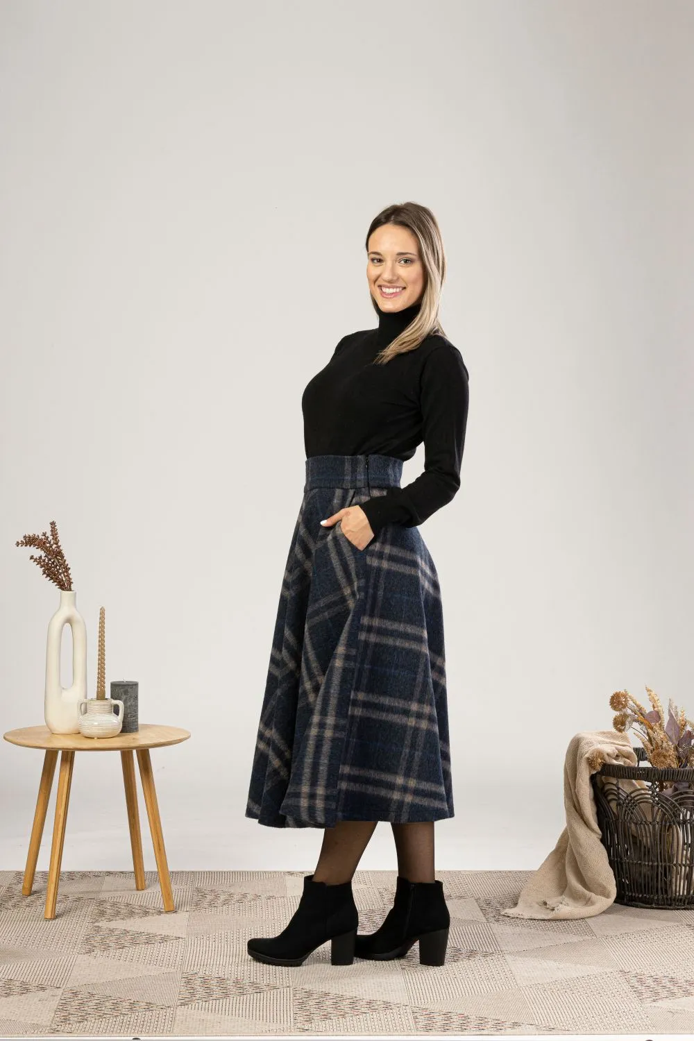 Brown Plaid High Waist Wool Midi Skirt