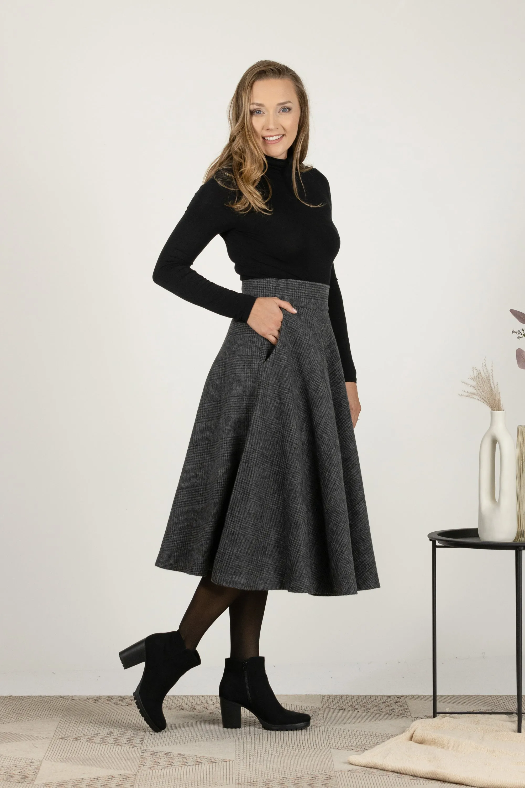 Brown Plaid High Waist Wool Midi Skirt