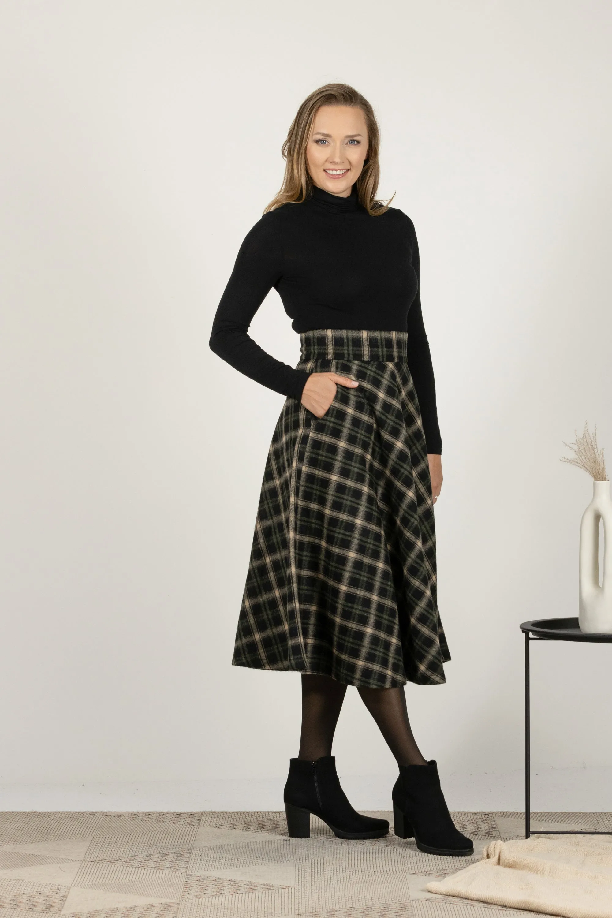 Brown Plaid High Waist Wool Midi Skirt