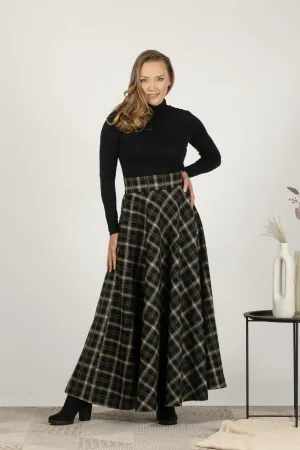 Brown Plaid High Waisted Wool Maxi Skirt